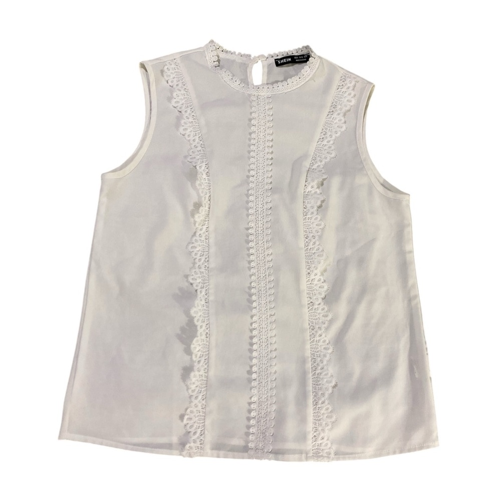 White Shein Sleeveless Mock Neck Lace Trim Keyhole Back Blouse Top Shirt Size S - Picture 3 of 7